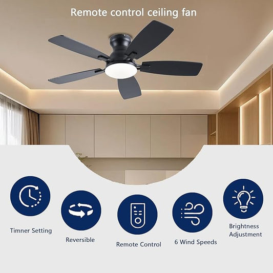 JSAITEE Ceiling Fans with Lights, 42 Inch Low Profile Ceiling Fan with Light and Remote Control, Flush Mount, DC Reversible Motor, Noiseless, Black 6 Speeds Ceiling Fan for Bedroom