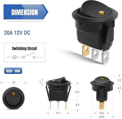 Nilight 12PCS Round Rocker Switches 12V 24V 20A Yellow LED Toggle swtiches SPST 3 Pin 2 Position for Car Truck Vehicle Boat Marine Rocker On Off Control