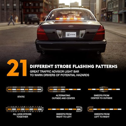 Xprite 35.5" Traffic Advisor Light Bar, LED Emergency Strobe Lights with 21 Flash Patterns, Suction Mount & Cigarette Plug, Strobe Lights for Trucks, SUV, Car - White & Amber