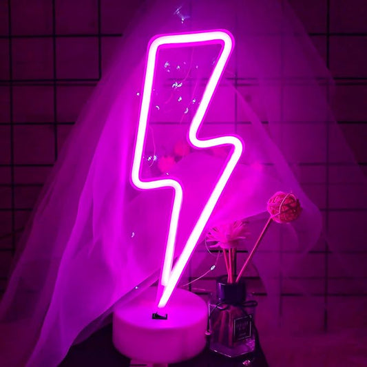 Pink Lightning Bolt Neon Sign, Aesthetic Room Decor for Bedroom, Battery/USB Operated LED Light with Base