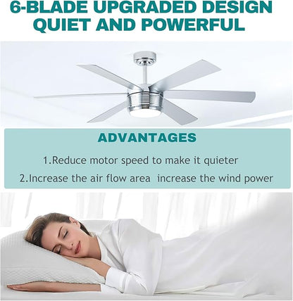 SHOWDI Ceiling Fan with Lights and Remote, 6 Blade App Control Timer Reversible Stepless Brightness and Color Temperature Outdoor Wood Ceiling Fan with Lights (Chrome, 56 Inch)