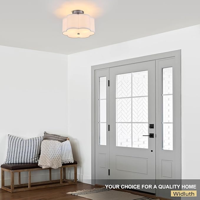 Modern Drum Semi Flush Mount Ceiling Light Fixture Modern 3-Lights Linen Drum Ceiling Lighting with Chrome Finish, Vintage Modern Ceiling Light for Laundry Room, Kitchen, Basement, Bedroom