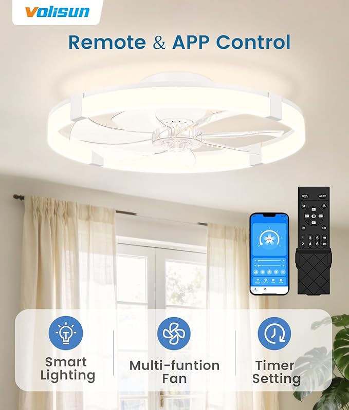 VOLISUN Low Profile Ceiling Fans with Lights and Remote, 23.6in Flush Mount Ceiling Fans with Light, 3000K-6500K Dimmable Fandelier Ceiling Fan, White Bladeless Ceiling Fan for Bedroom