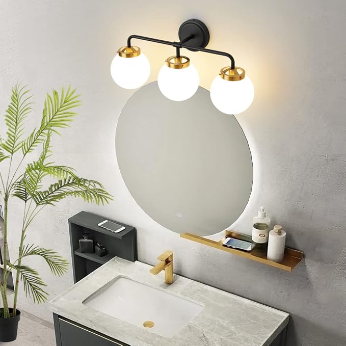 Black Gold Bathroom Light Fixtures Above Mirror, 22.4'' Modern Vanity Lighting with White Glass Globe Shade 3-Light Farmhouse Wall Sconce