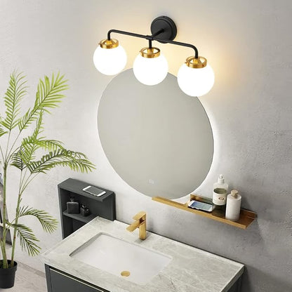 Black Gold Bathroom Light Fixtures Above Mirror, 22.4'' Modern Vanity Lighting with White Glass Globe Shade 3-Light Farmhouse Wall Sconce