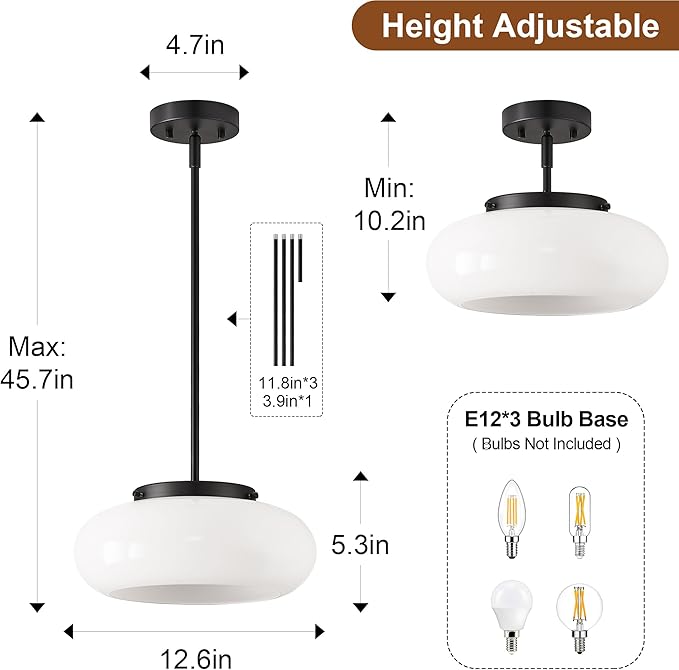 WOKNOS Mid-Century Modern Black Semi Flush Mount Ceiling Light, 3-Light Kitchen Light Fixtures with Glass Shade for Entryway Hallway Bathroom Bedroom (12.6 Inch)