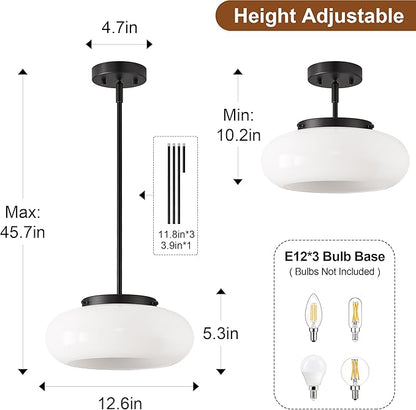 WOKNOS Mid-Century Modern Black Semi Flush Mount Ceiling Light, 3-Light Kitchen Light Fixtures with Glass Shade for Entryway Hallway Bathroom Bedroom (12.6 Inch)