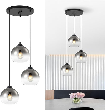 Modern Gradient Smoke Gray Glass Pendant Light,3-Light Globe Adjustable Hanging Pendant Light for Bedroom Kitchen Island Dining Room Stairwell