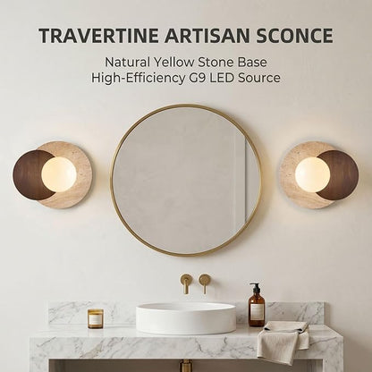 Marble Wall Lamp, Bathroom Vanity Light Fixtures, Wall Mount Lamp, Over Mirror, Stone Wall Sconces, Vintage Wall Light with Wood and Stone Shade, for Porch Workshop Kitchen Living Room