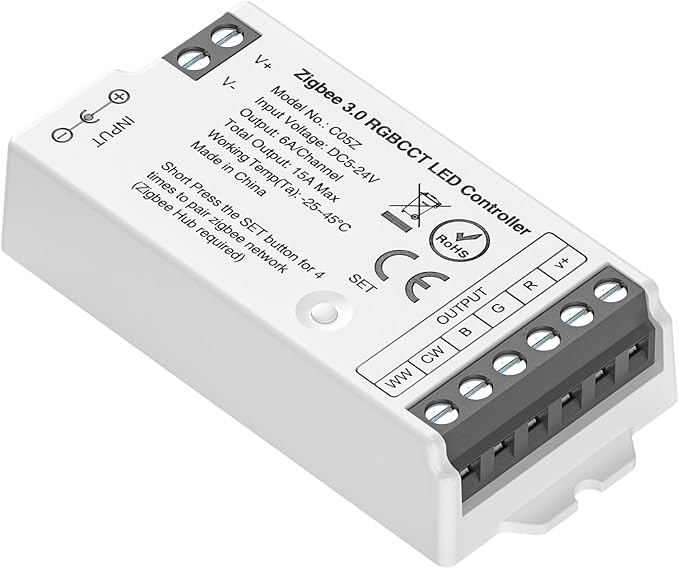 BTF-LIGHTING Tuya Zigbee 3.0 C05Z LED Controller Support RGBCCT 6 pin (+V R G B CW WW) PWM FCOB COB SMD Light Strip Compatible with Echo Plus/4th Gen Philip Gateway DC5V/DC12V/DC24V Max 15A