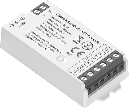 BTF-LIGHTING Tuya Zigbee 3.0 C05Z LED Controller Support RGBCCT 6 pin (+V R G B CW WW) PWM FCOB COB SMD Light Strip Compatible with Echo Plus/4th Gen Philip Gateway DC5V/DC12V/DC24V Max 15A