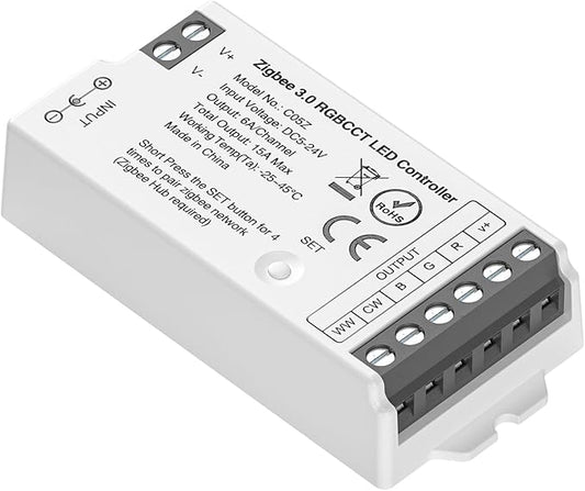 BTF-LIGHTING Tuya Zigbee 3.0 C05Z LED Controller Support RGBCCT 6 pin (+V R G B CW WW) PWM FCOB COB SMD Light Strip Compatible with Echo Plus/4th Gen Philip Gateway DC5V/DC12V/DC24V Max 15A