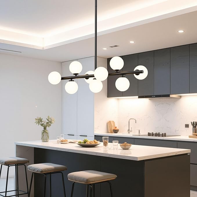 Mid Century Modern Sputnik Chandeliers: 9-Light Black Linear Dining Room Light Fixture - 40" Long Modern Milk White Glass Globe Pendant High Ceiling Chandelier Lighting for Living Room Kitchen Island
