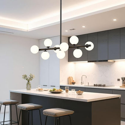 Mid Century Modern Sputnik Chandeliers: 9-Light Black Linear Dining Room Light Fixture - 40" Long Modern Milk White Glass Globe Pendant High Ceiling Chandelier Lighting for Living Room Kitchen Island