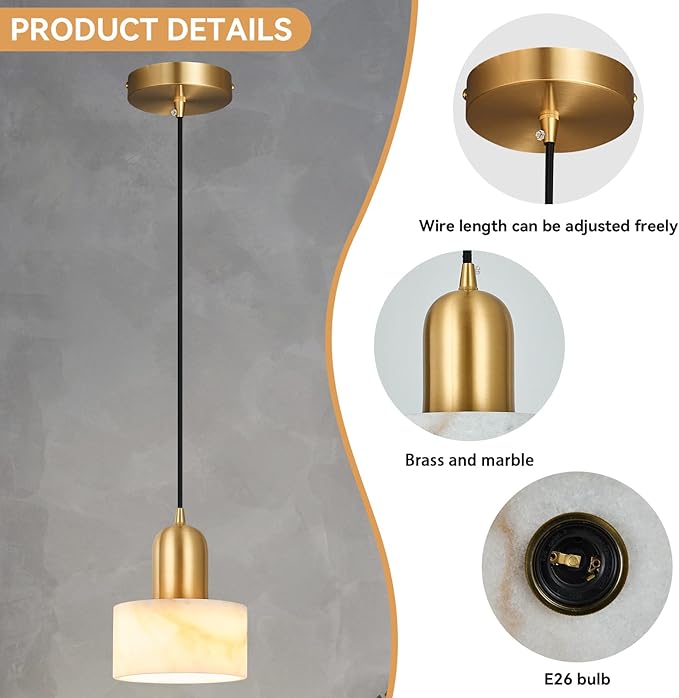 Natural Stone Pendant Lights Kitchen Island, White Pendant Light Fixtures, Pendant lamp Marble Cylinder Shade Copper, for Bedroom Bathroom Dining Room Living Room(1-Pack)