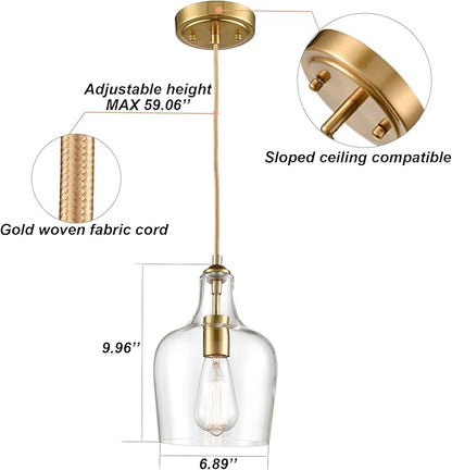 HYDELITE Modern Brushed Gold Pendant Light Fixtures Clear Glass Adjustable Cord Hanging Light for Living Room Kitchen Island Chandelier with Bell Shape