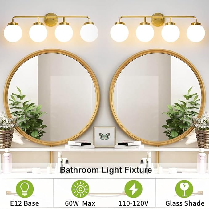 Bathroom Light Fixtures Gold Vanity Lights Over Mirror, Modern Wall Sconce Lighting 4-Light with White Glass Globe Shade