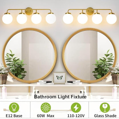 Bathroom Light Fixtures Gold Vanity Lights Over Mirror, Modern Wall Sconce Lighting 4-Light with White Glass Globe Shade
