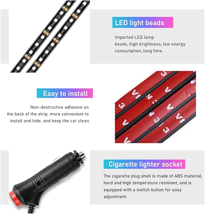 Ohleats Car LED Strip Light, 48 LED RGB Auto Interior Atmosphere Lights, Cigarette Lighter Under Dash Ambient Night Light, Interior Lamp Lighting Kit (Blue, Cigarette Lighter)