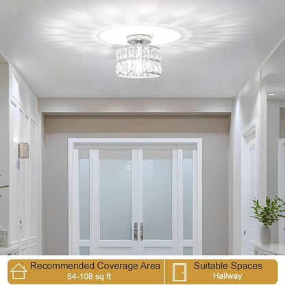 Lxybcce Crystal Ceiling Light Fixture, Modern Chrome Crystal Chandelier, Small Semi Flush Mount Ceiling Lighting, Round Hallway Lighting for Kitchen Entryway Bedroom Bathroom, 1-Light, 8.8 Inch