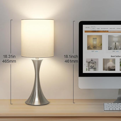 Touch Control Table Lamp, 3-Way Dimmable Bedside Lamp for Living Room, Modern Nightstand Lamp for Bedroom, Silver Table Lamp with White Shade, Desk Lamp for Dorm, Home, Office, 3000K LED Bulb Included