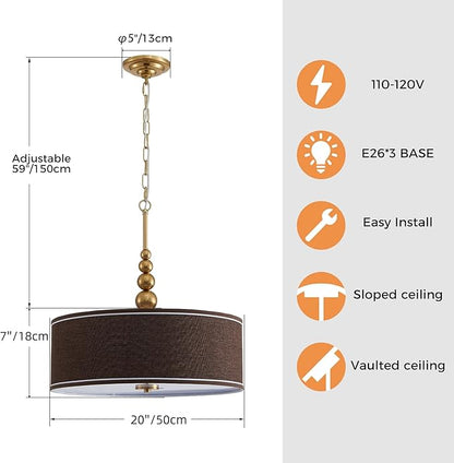 Shrine Lighting Drum Chandeliers, Farmhouse Style, Perfect Drum Pendant Light for Dining Room, D20'' x H7'', Adjustable Chains 59'', E26*3 Sockets, Brown Linen Fabric Lampshade & Gold Rod