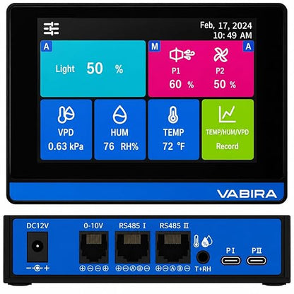 Grow Light Controller with Sunrise Sunset, Inline Fan & VPD Control, Records Temp Humidity VPD Curves, 4.3" Touch Screen. RJ11,RJ14.