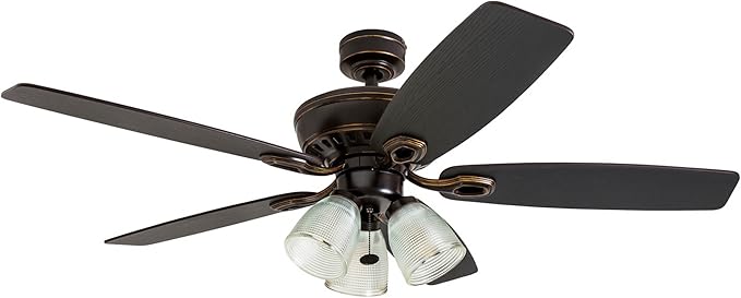 Prominence Home Marston, 52 Inch Traditional Indoor LED Ceiling Fan with Light, Pull Chain, Three Mounting Options, 5 Dual Finish Blades, Reversible Motor - 51017-01 (Oil Rubbed Bronze)