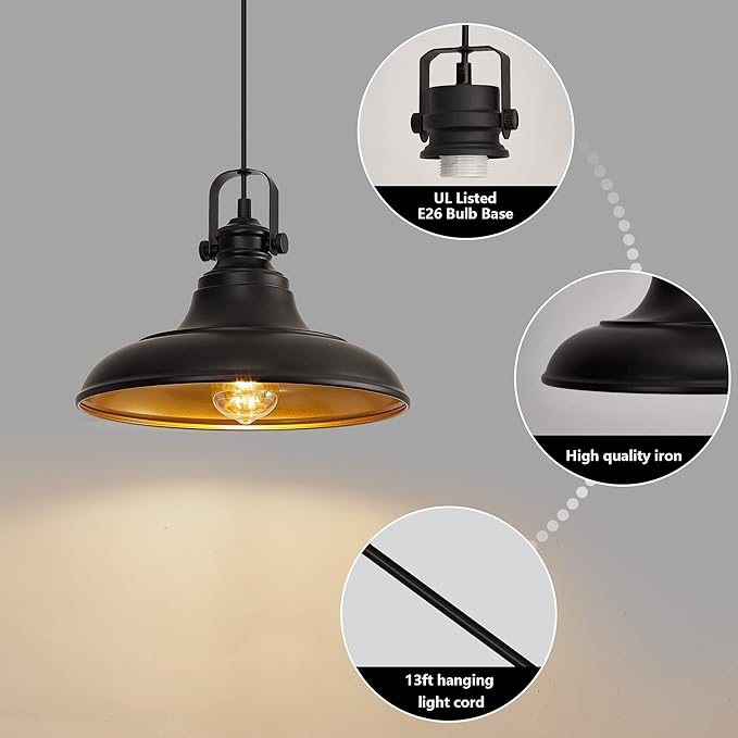 Black Pendant Lighting for Kitchen Island,Matte Blacks Farmhouse Pendant Lights Kitchen Island,Hanging Lighting Fixtures for Kitchens Dinning Room Bedroom Hallway,1 Pack