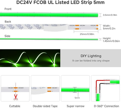 BTF-LIGHTING FCOB COB LED Strip Green Color 5mm Width UL Listed Super Narrow Flexible Uniform Light DC24V 16.4FT CRI 90+ Dimmable LED Ribbon for Bedroom Home Indoor Decor(No Adapter or Controller)