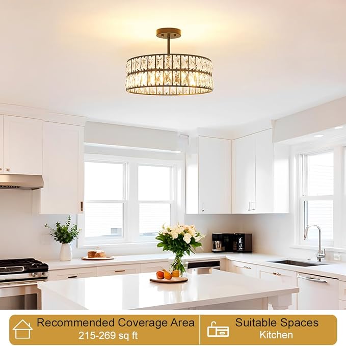 Lxybcce Crystal Ceiling Light Fixture, Modern Matte Black Ceiling Light Chandelier, Semi Flush Mount Chandelier Lighting Fixture for Kitchen Entryway Living Room Dining Room, 5-Light, 16 Inch