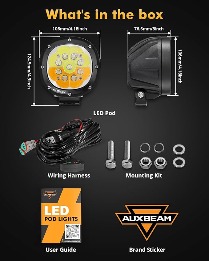 Auxbeam 6 Modes Amber White Round LED Pods, P4 Series 4 Inch 90W Flashing Offroad Strobe Lights, Dual Color Warning Off Road Fog Lights, 4x4 ATV Car Truck Spotlights, Pair