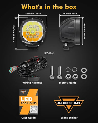 Auxbeam 6 Modes Amber White Round LED Pods, P4 Series 4 Inch 90W Flashing Offroad Strobe Lights, Dual Color Warning Off Road Fog Lights, 4x4 ATV Car Truck Spotlights, Pair