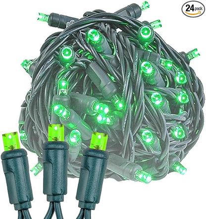 Novelty Lights 24-Pack, 25 Feet 50 LED Green Christmas Mini Light String on Green Wire, 5mm Wide Angle Bulbs, Connectable, Indoor/Outdoor Decor, UL Listed
