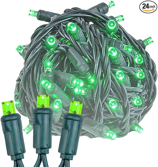 Novelty Lights 24-Pack, 25 Feet 50 LED Green Christmas Mini Light String on Green Wire, 5mm Wide Angle Bulbs, Connectable, Indoor/Outdoor Decor, UL Listed
