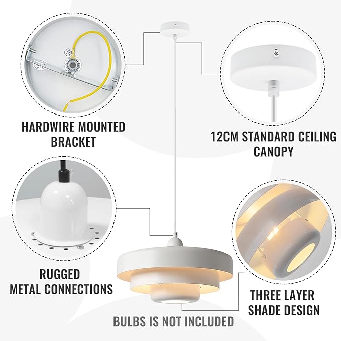 White 3-Tier Pendant Light Fixture, 13.8" Large Mid Century Modern Adjustable Hanging Ceiling Lamp, E26 Base Retro Farmhouse Pendant Lighting for Kitchen Island Dining Room Living Room Bedroom