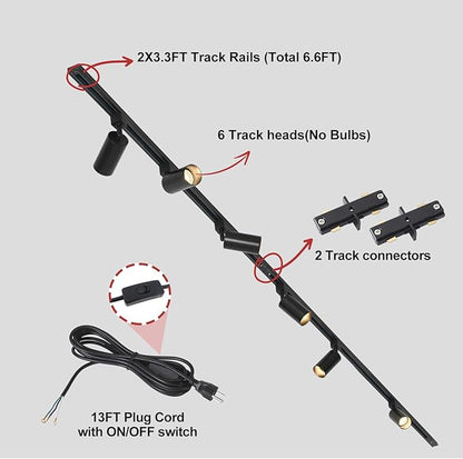 Plug in Track Lighting with Power Cord, 6-Light GU10 Track Lighting Kit with 6.6FT H Type Track Lighting Rails, Modern Kitchen LED Track Lighting Fixtures Ceiling Spot Light, Black (No Bulbs)