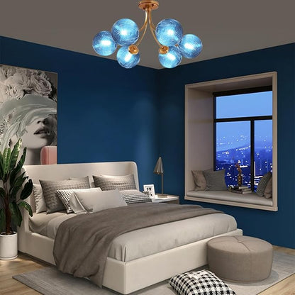 Blue Glass Ceiling Light Brass Gold Pendant Light Modern Globe Chandelier Vintage Sputnik Hanging Chandeliers Gold Pendant Light Fixtures for Dining Room Kitchen Living Room Bedroom