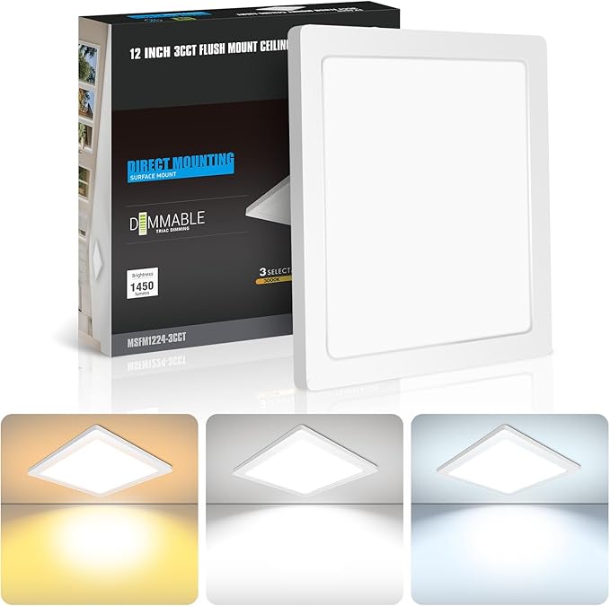mw 12 Inch Square Ceiling Light, 24W 120V, 3000K/4000K/5000K, Dimmable Slim LED Ceiling Light, Close to Ceiling Light Fixtures for Bedroom, Kitchen, Hallway, Laundry, ETL Listed, Each Side is 11.38"