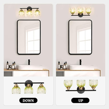 TALOYA Bathroom Vanity Light Fixtures, 3-Light Modern Black and Gold Wall Lights Over Mirror with Gradient Green Tulip Glass Shades Bathroom Wall Lamp for Mirror, Living Room,Hallway, Cabinet Porch
