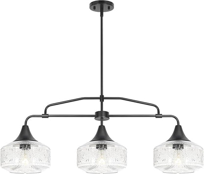 Farmhouse Kitchen Island Lighting, Black 3-Light Island Light for Kitchen, Adjustable Dining Room Light Fixture Over Table, Linear Chandelier Pendant Lighting with Clear Glass for Living Room Sink