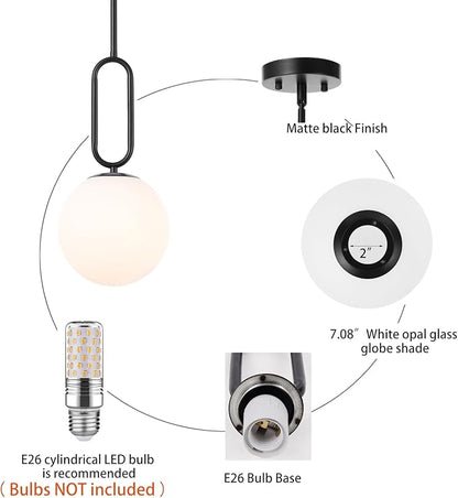Modern Black Globe Pendant Light Milky White Globe Glass Shade 2 Pack Adjustable Rods Hanging Ceiling Light Fixtures for Kitchen Island Living Room