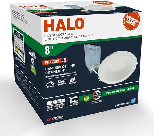 HALO LCR 6 in Regressed Canless LED Recessed Downlight, 42W, 6 Selectable Color Temperatures 2700K-6500K, Dimmable, 3000 Lumens, IC Rated, Wet Location, Matte White - LCR630RD9FSE010