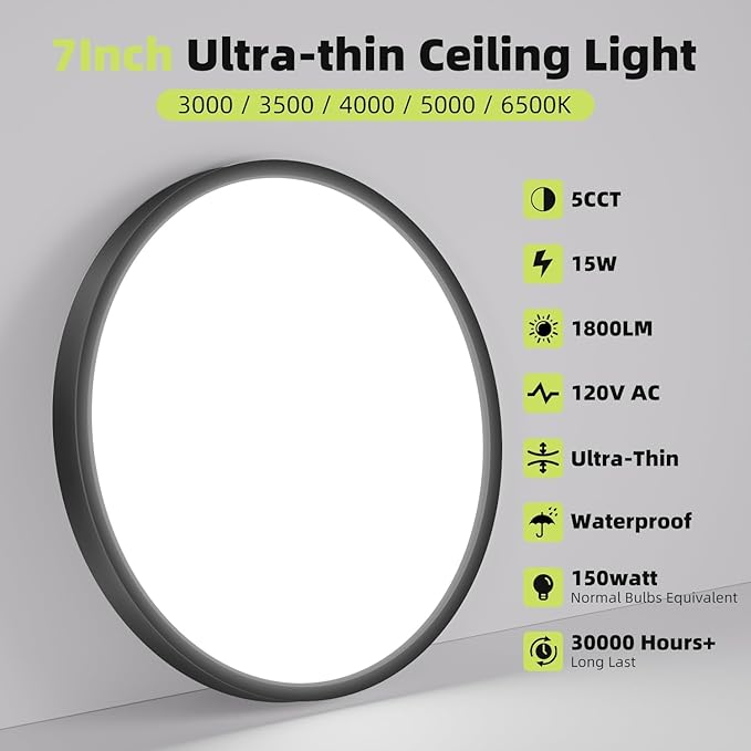 Flush Mount LED Ceiling Light Fixtures 5 Color Temperatures in One &100W Equivalent Flat Bathroom Ceiling Light,7Inch 15W Thin Round Black Surface Flushmount Fixture for Closet,Bedroom,Kitchen,Hallway
