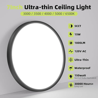 Flush Mount LED Ceiling Light Fixtures 5 Color Temperatures in One &100W Equivalent Flat Bathroom Ceiling Light,7Inch 15W Thin Round Black Surface Flushmount Fixture for Closet,Bedroom,Kitchen,Hallway