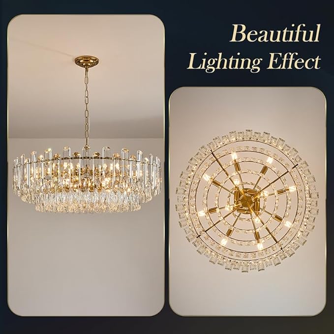 31.5" Gold Crystal Chandeliers Fully Transparent Crystal Modern3-Tier Luxury Pendant Light 12-Light Ceiling Pendant Lighting for Dinning Room Living Room Foyer