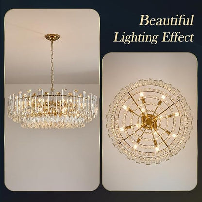 31.5" Gold Crystal Chandeliers Fully Transparent Crystal Modern3-Tier Luxury Pendant Light 12-Light Ceiling Pendant Lighting for Dinning Room Living Room Foyer
