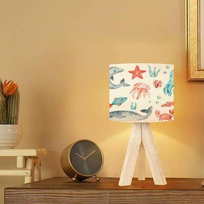 Tripod Table Lamp Ocean Animals Fish Modern Bedside Dimmable Desk lamp Wooden Base Fabric Lampshade for Kids Room, Nursery, Bedroom, Living Room