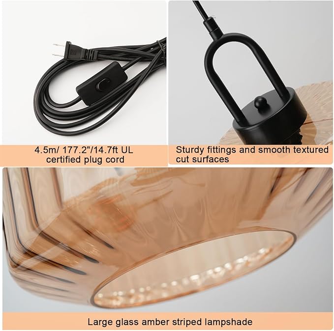Plug in Pendant Lights - Amber Glass Stripe Lamp Shade, Large Globe Hanging Lamp Mid Century Hanging Lamp with 14.7 ft Plug in Cord Swag Style, Plug in Light Fixture for Living Room
