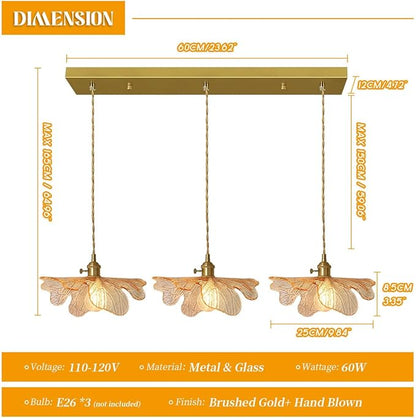 Chandelier 3-Light Vintage Glass Ceiling Pendant Light Gold Linear Design Amber Glass Dining Room Light Fixtures Modern Chandelier for Kitchen Island Over Table